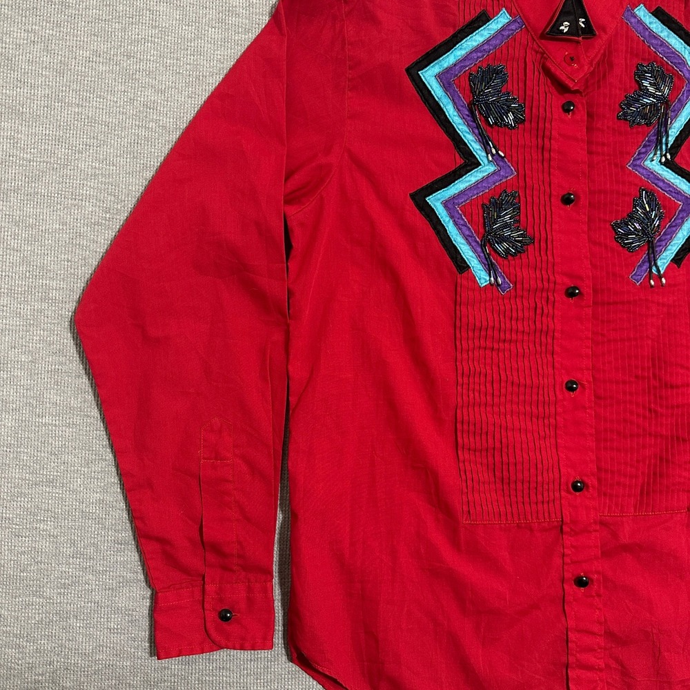 Wrangler Womens L Red Western Button Up Shirt Beaded Embroidered Pintuck Pleated - Picture 3 of 15